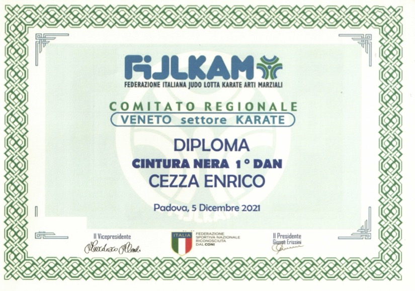 Enrico Cezza diploma primo dan karate